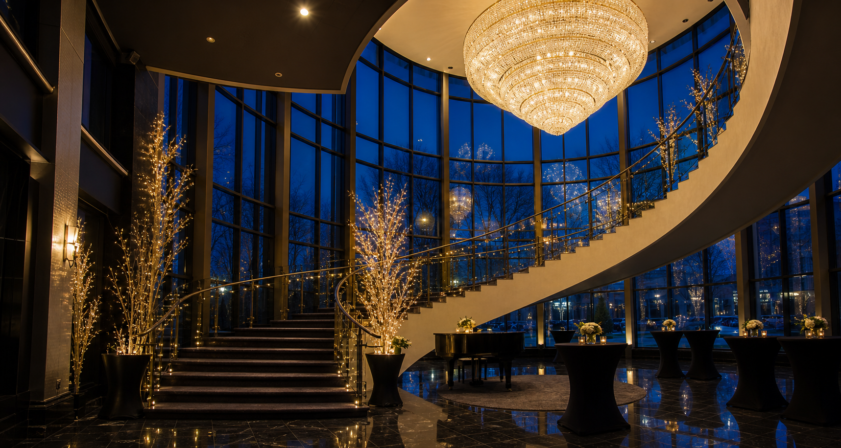Grand glass atrium with a crystal chandelier and sweeping staircase